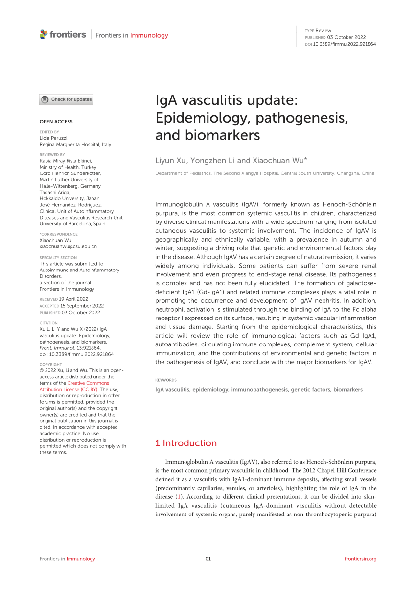 Pdf Iga Vasculitis Update Epidemiology Pathogenesis And Biomarkers