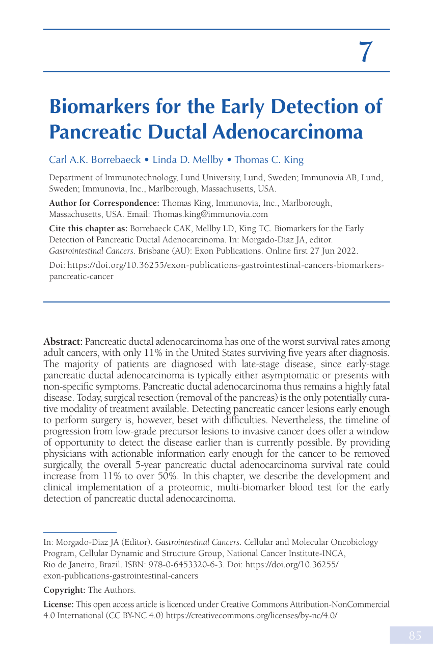 Pdf Biomarkers For The Early Detection Of Pancreatic Ductal Adenocarcinoma