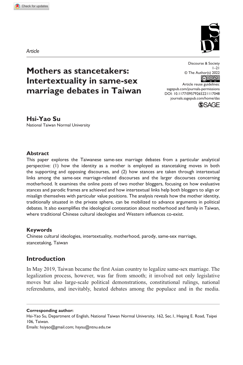 PDF) Mothers as stancetakers Intertextuality in same-sex marriage debates in Taiwan image