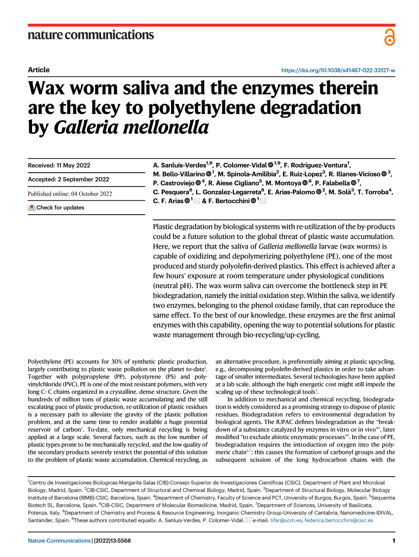 PDF) Wax worm saliva and the enzymes therein are the key to polyethylene  degradation by Galleria mellonella