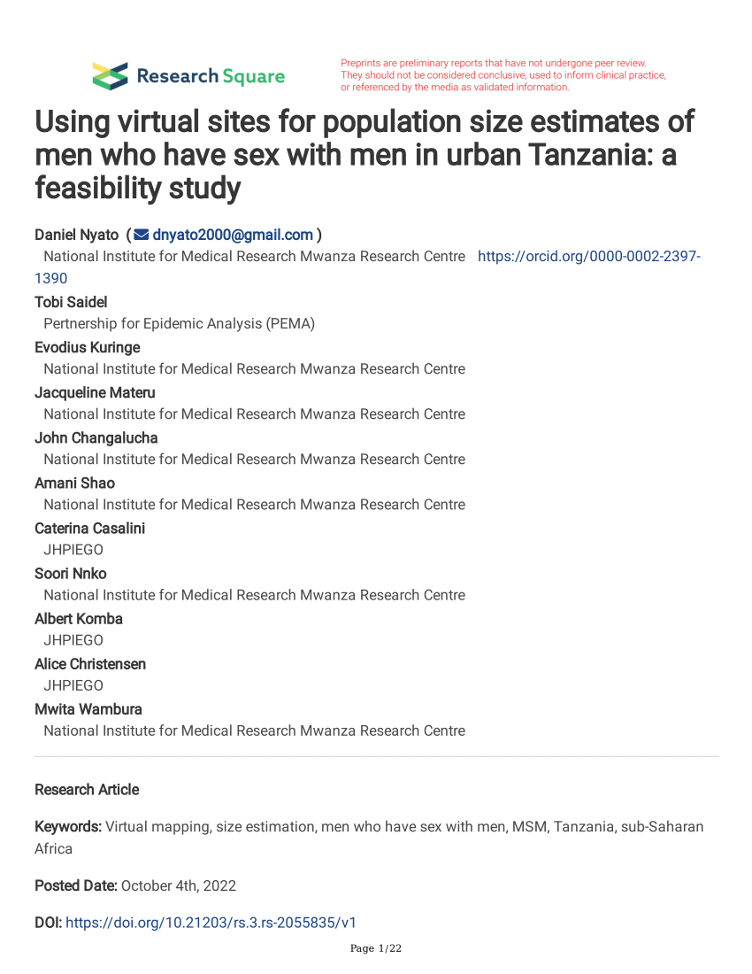 PDF) Using virtual sites for population size estimates of men who have sex  with men in urban Tanzania: a feasibility study