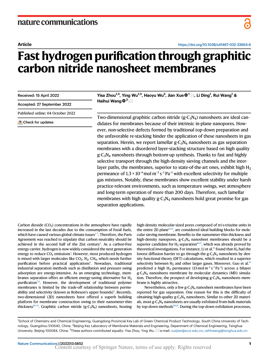 Fast hydrogen purification through graphitic carbon nitride nanosheet  membranes