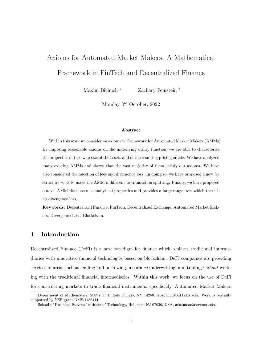 (PDF) Axioms for Automated Market Makers: A Mathematical Framework in