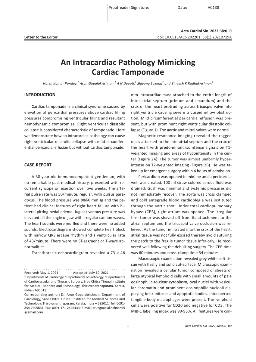 Pdf An Intracardiac Pathology Mimicking Cardiac Tamponade