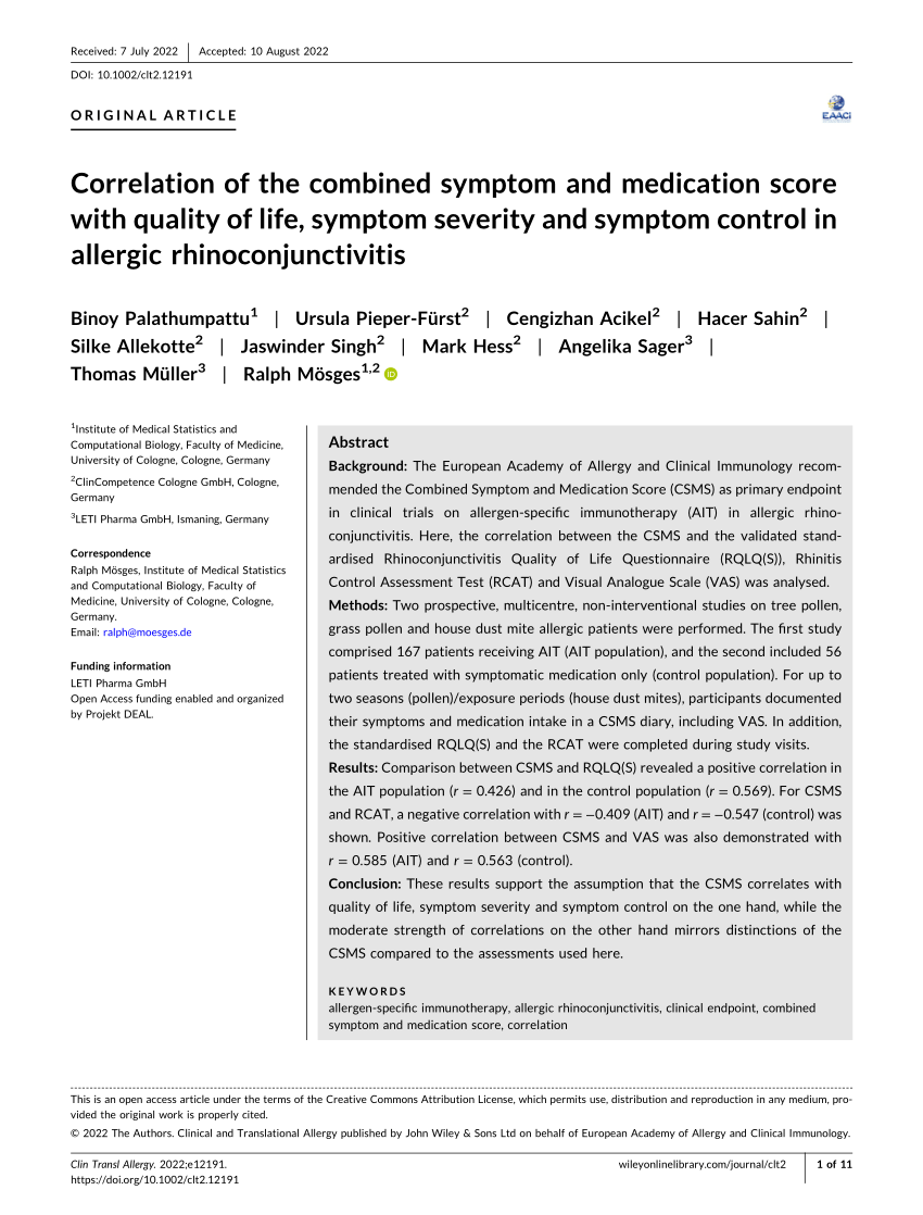 Pdf Correlation Of The Combined Symptom And Medication Score With Quality Of Life Symptom 