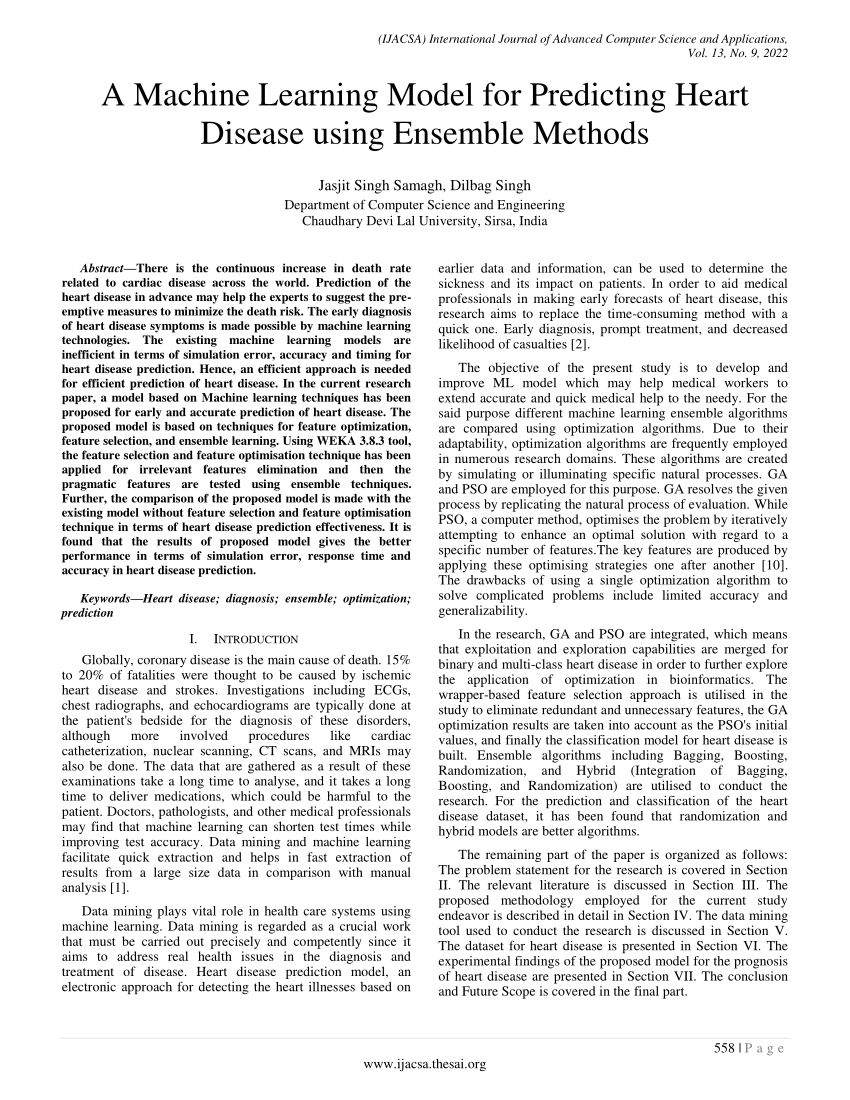 Pdf A Machine Learning Model For Predicting Heart Disease Using Ensemble Methods 