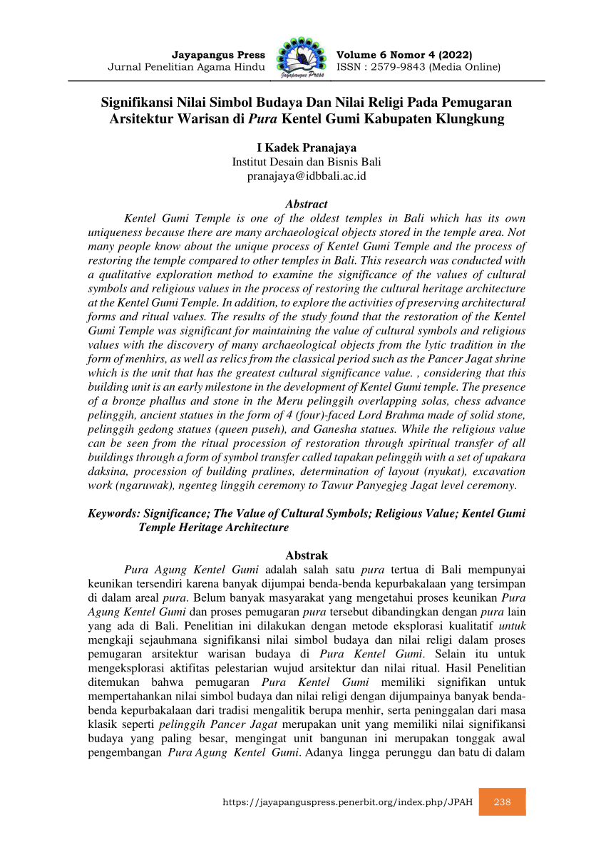 (PDF) Signifikansi Nilai Simbol Budaya Dan Nilai Religi Pada Pemugaran
