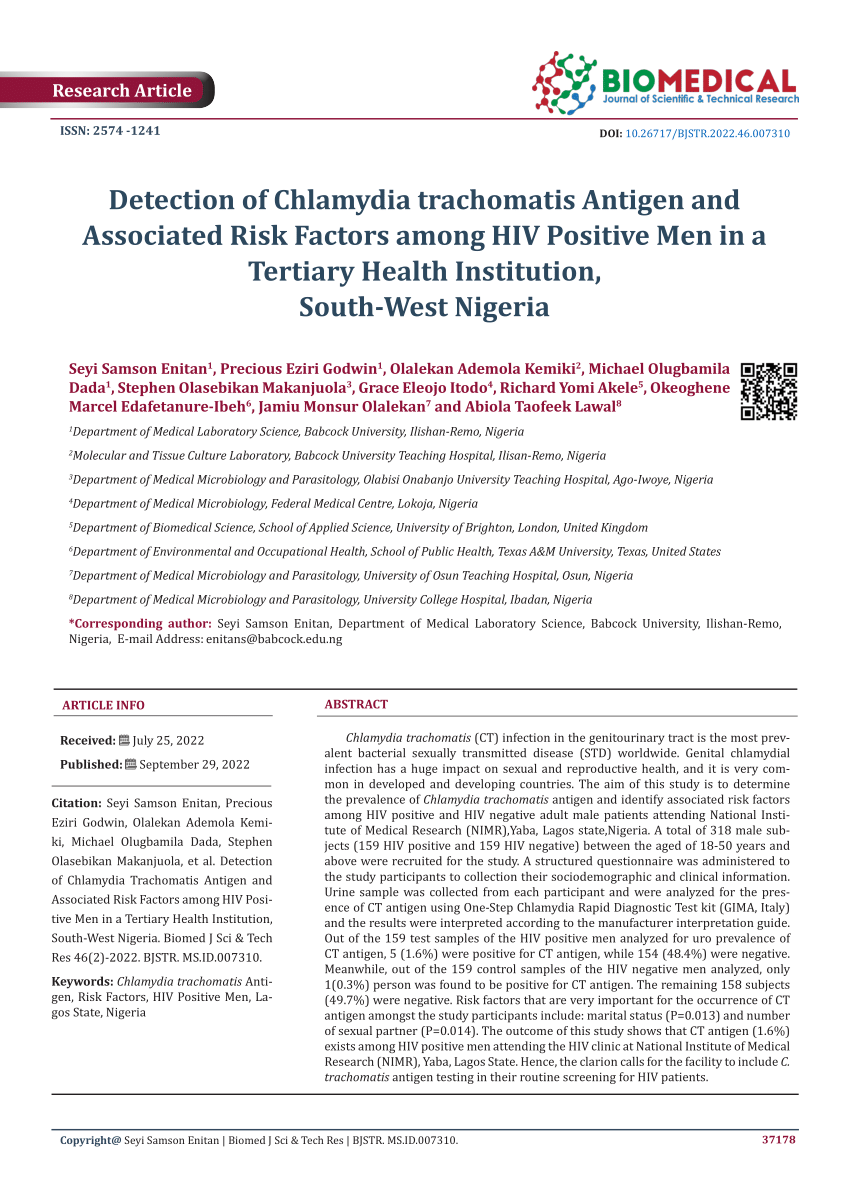 Pdf Detection Of Chlamydia Trachomatis Antigen And Associated Risk Factors Among Hiv Positive 9398