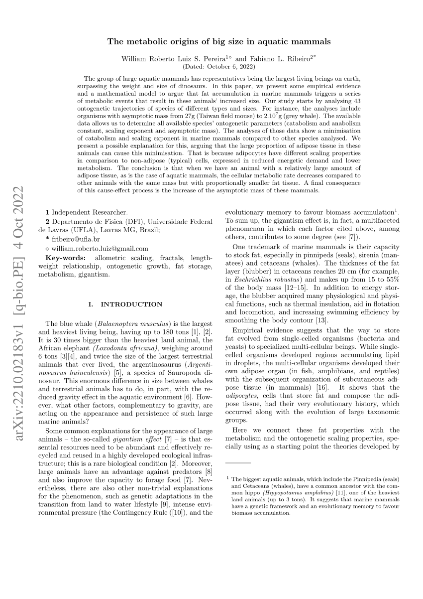 (PDF) The metabolic origins of big size in aquatic mammals