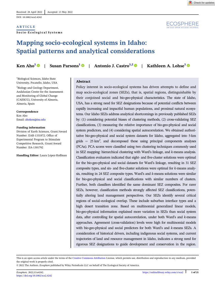 Pdf Mapping Socio‐ecological Systems In Idaho Spatial Patterns And Analytical Considerations 8386