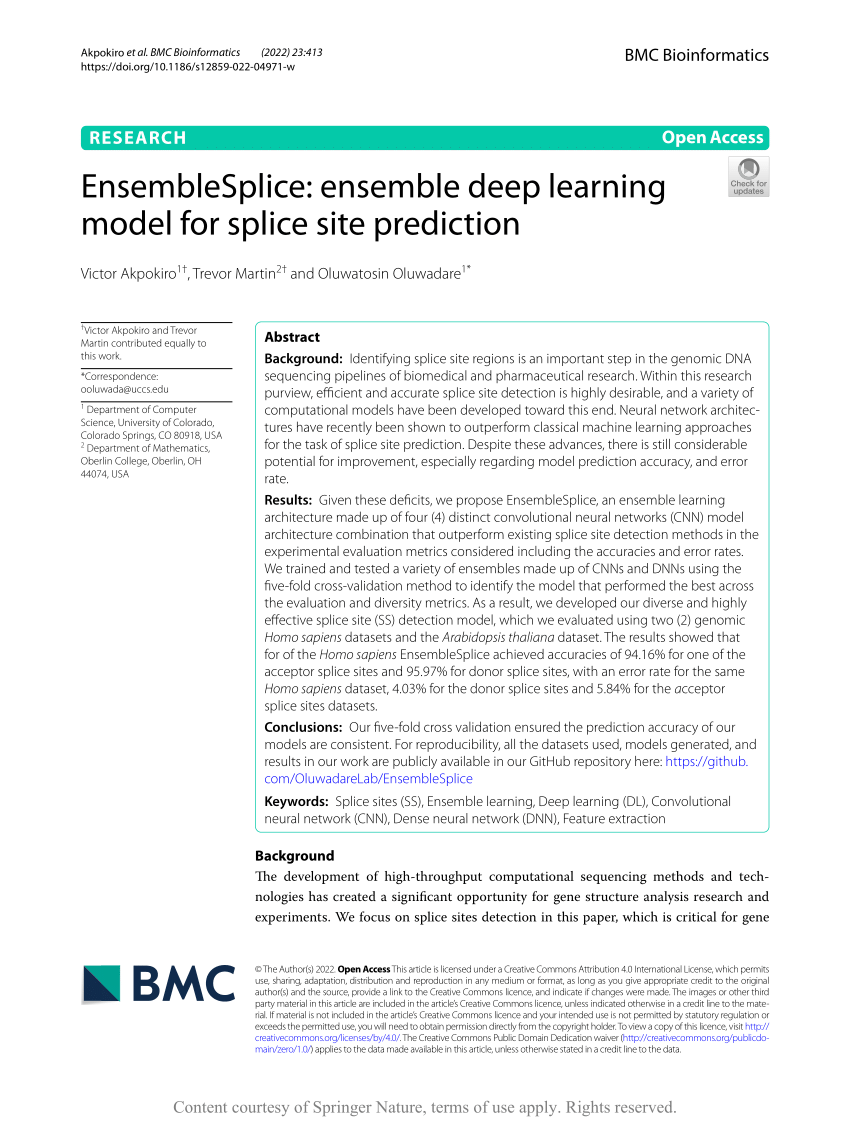 PDF) EnsembleSplice: ensemble deep learning model for splice site prediction