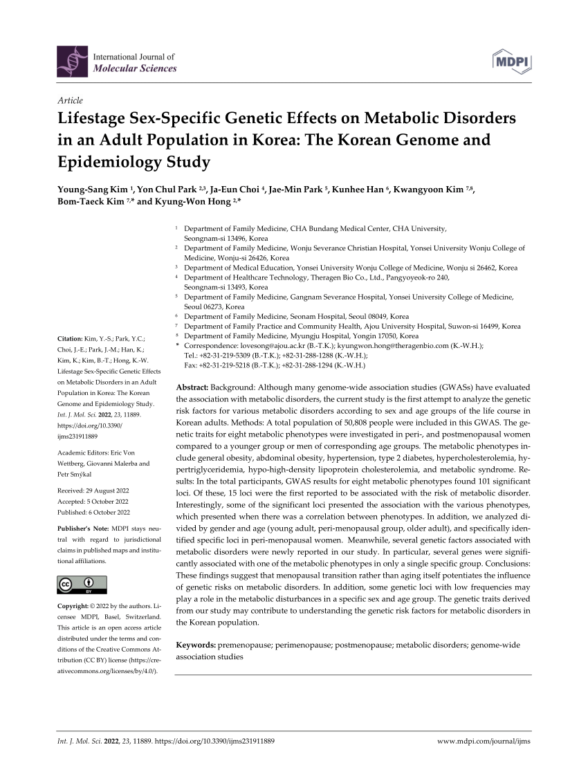 Pdf Lifestage Sex Specific Genetic Effects On Metabolic Disorders In An Adult Population In 