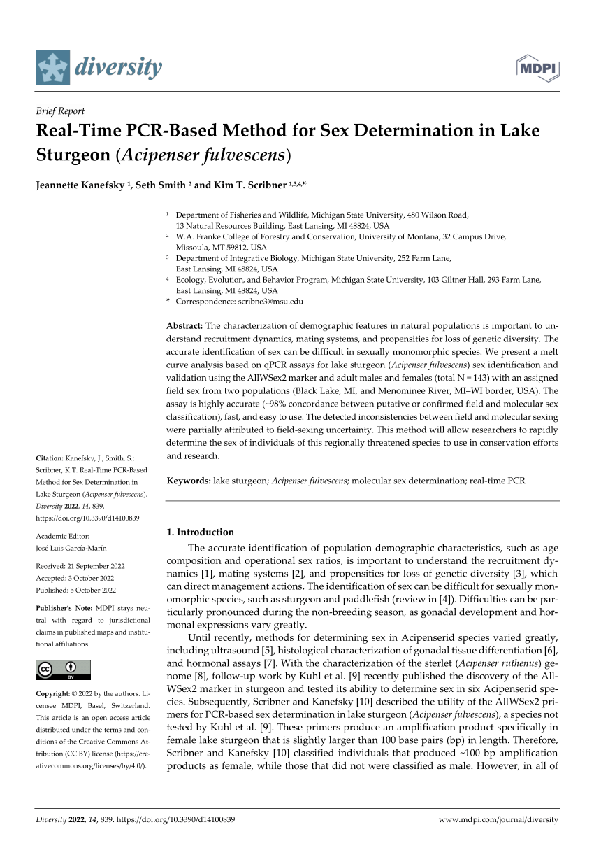 Pdf Real Time Pcr Based Method For Sex Determination In Lake Sturgeon Acipenser Fulvescens 1150