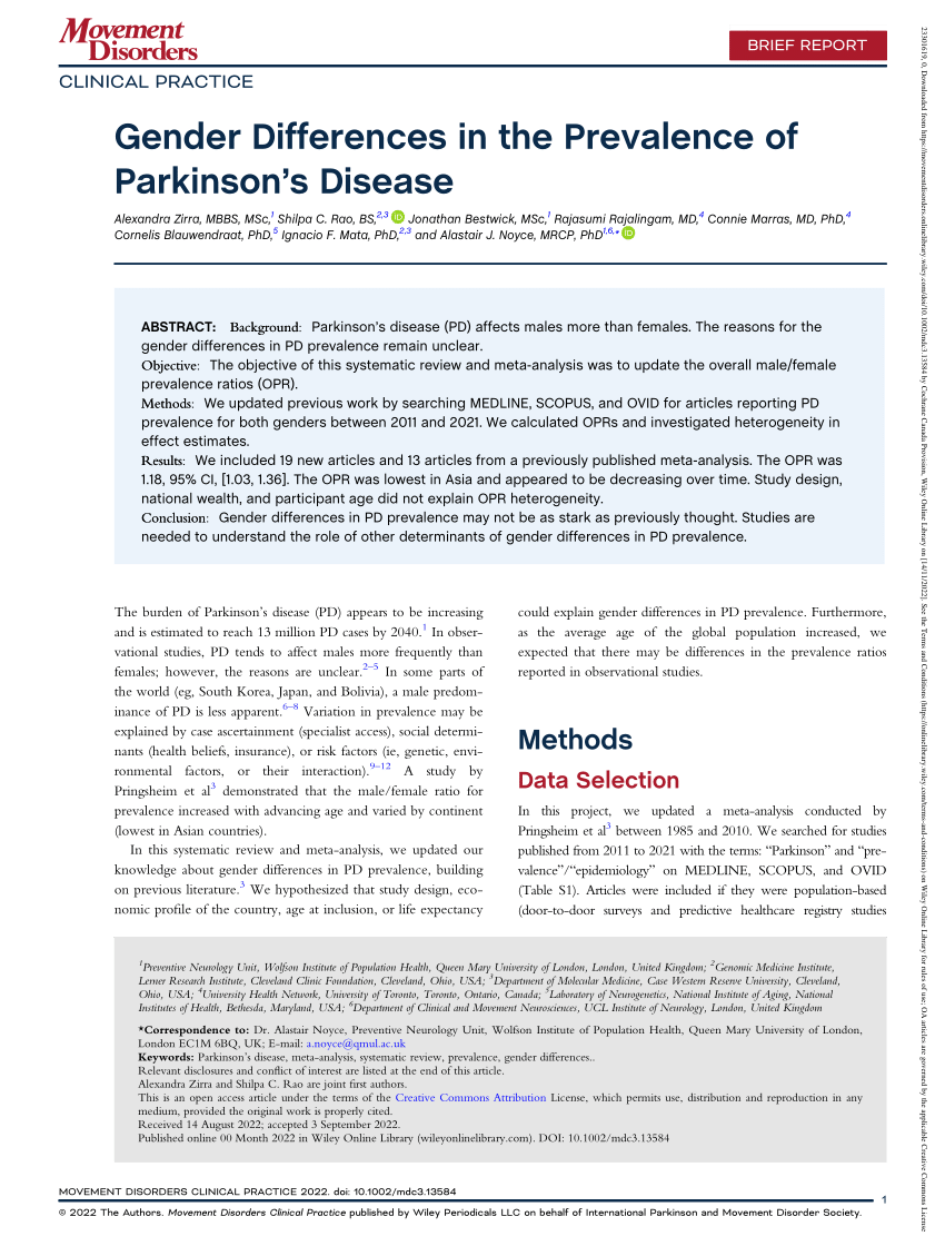 Pdf Gender Differences In The Prevalence Of Parkinsons Disease