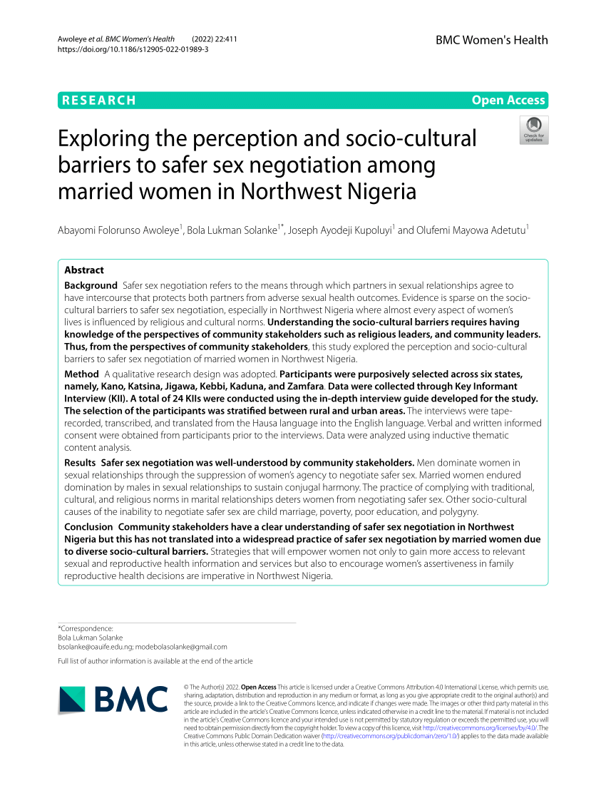PDF) Exploring the perception and socio-cultural barriers to safer sex negotiation among married women in Northwest Nigeria