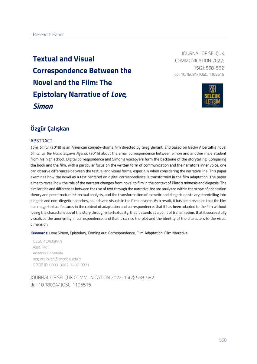 PDF) Textual and Visual Correspondence Between the Novel and the Film: The  Epistolary Narrative of Love, Simon