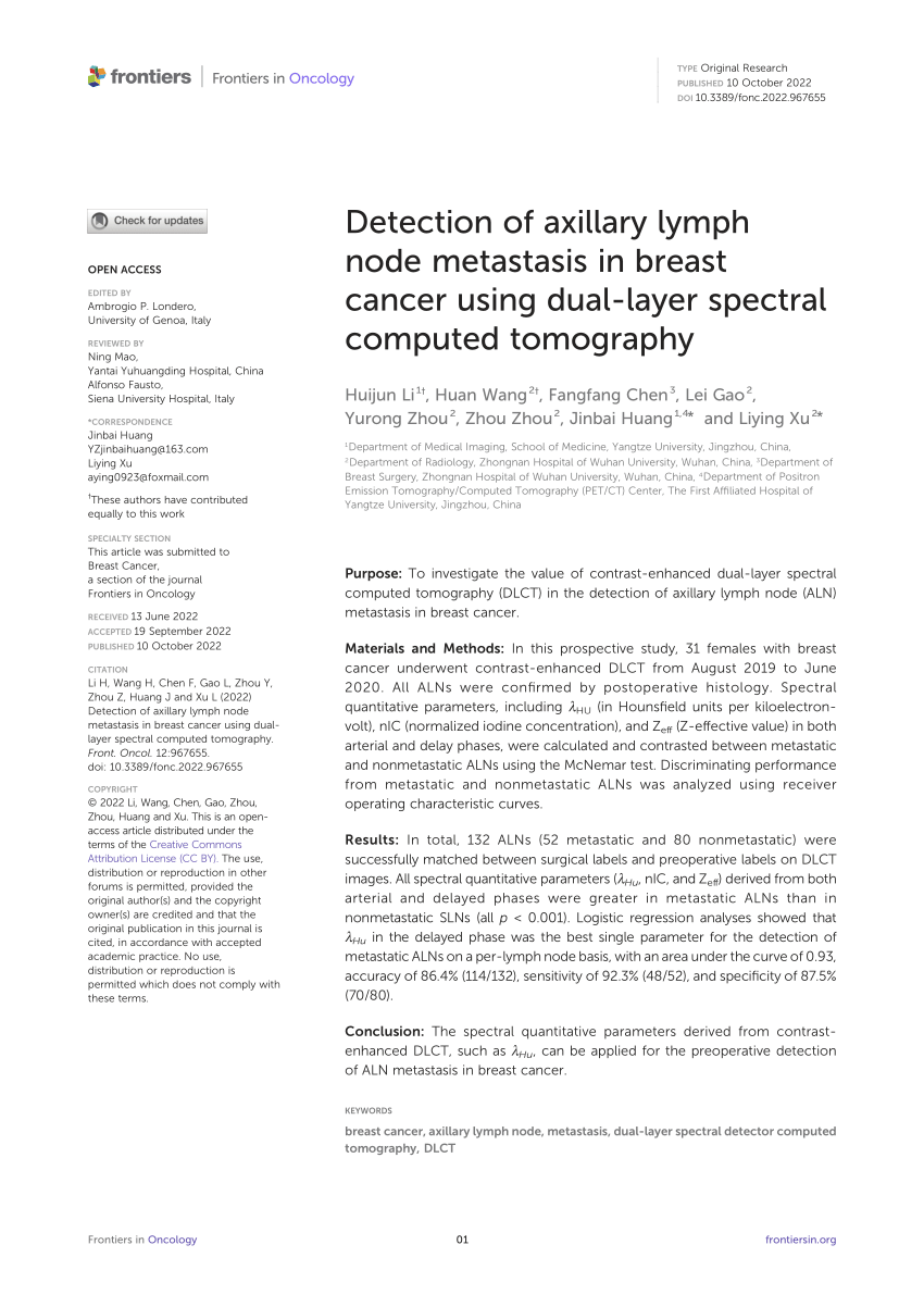 Pdf Detection Of Axillary Lymph Node Metastasis In Breast Cancer Using Dual Layer Spectral 