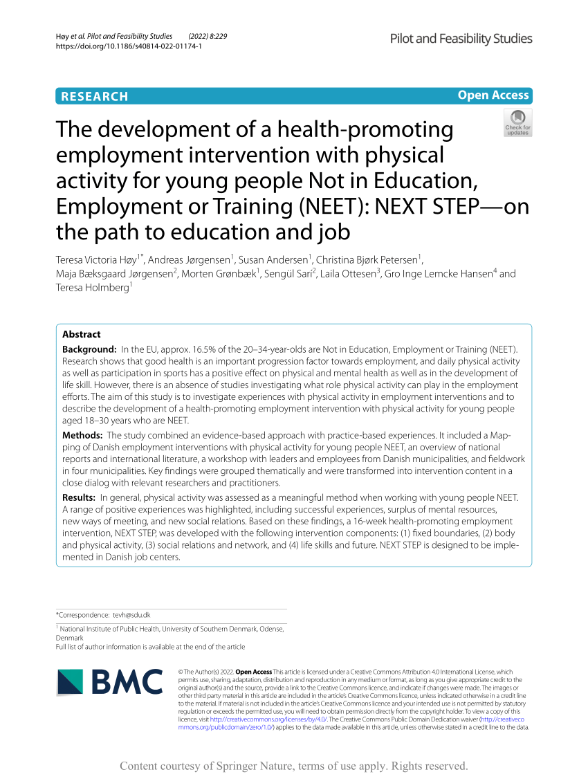 PDF) The development of a health-promoting employment intervention with physical for young people Not in Employment or Training (NEET): NEXT STEP—on the path to education and job