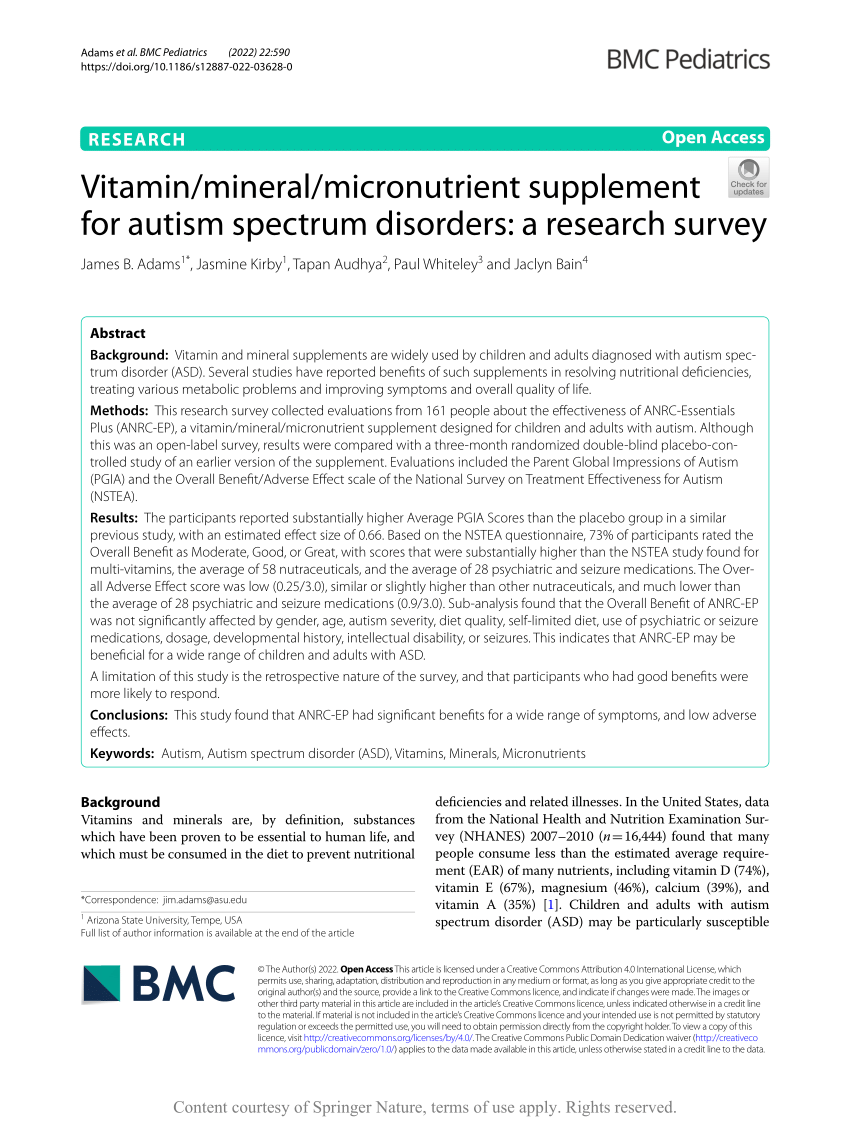 PDF) Vitamin/mineral/micronutrient supplement for autism spectrum  disorders: a research survey