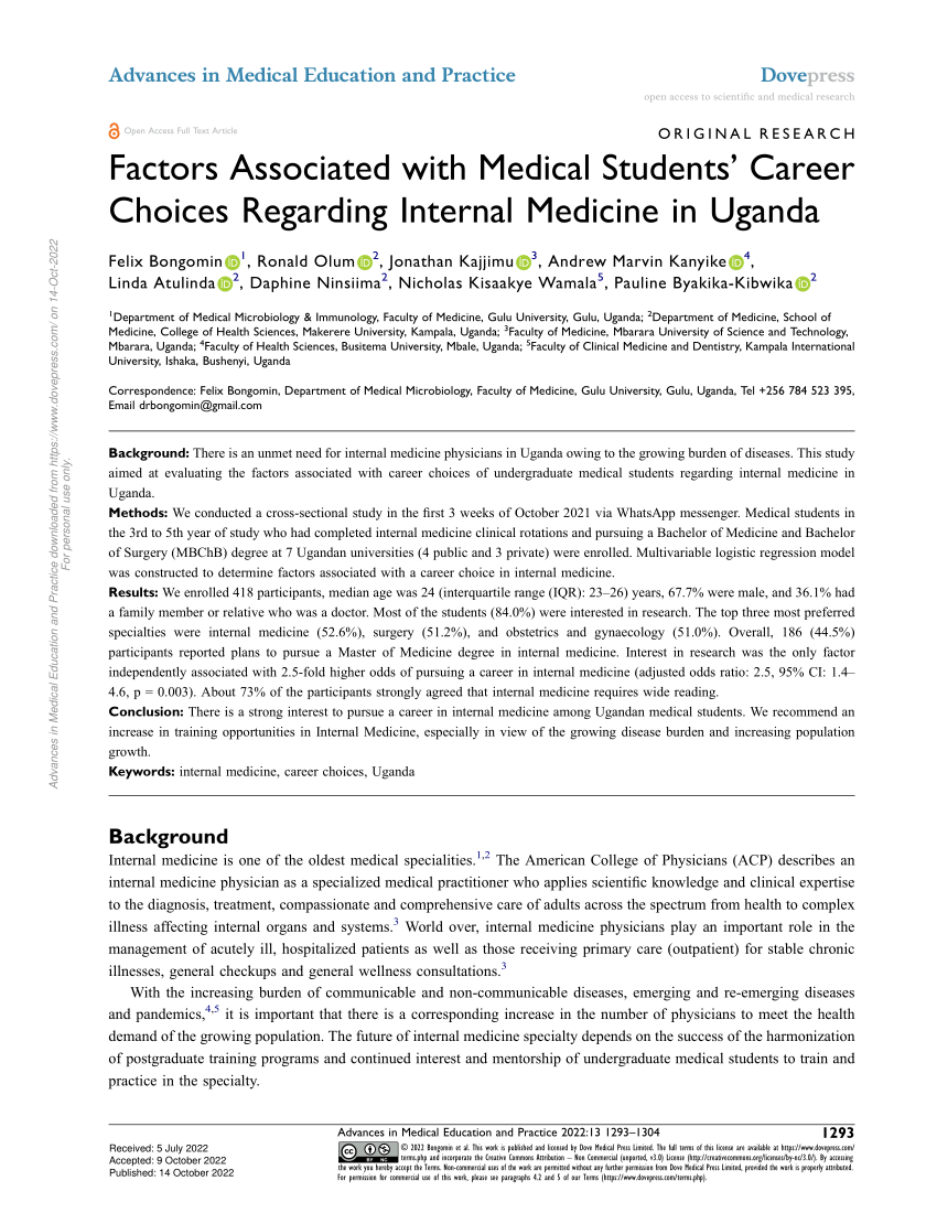 PDF) Factors Associated with Medical Students' Career Choices Regarding  Internal Medicine in Uganda
