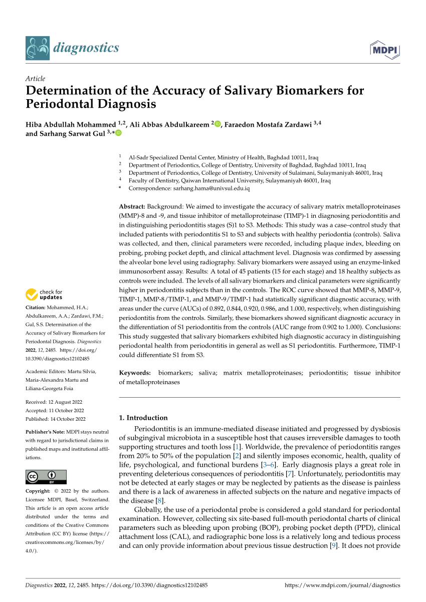 PDF Determination of the Accuracy of Salivary Biomarkers for  