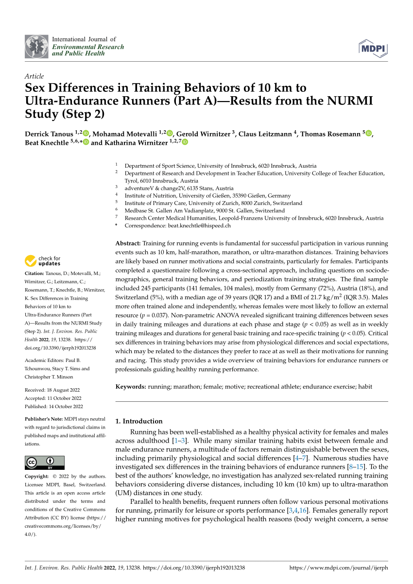 PDF) Sex Differences in Training Behaviors of 10 km to Ultra-Endurance Runners (Part A)—Results from the NURMI Study (Step 2)
