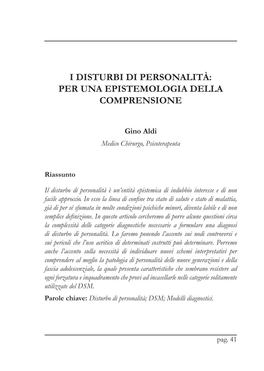 PDF) I DISTURBI DI PERSONALITÀ: PER UNA EPISTEMOLOGIA DELLA COMPRENSIONE
