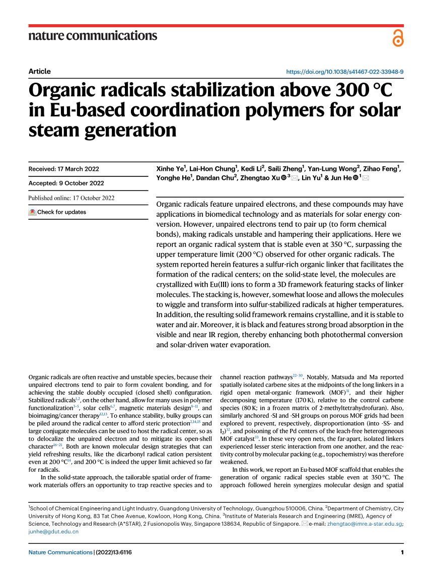 PDF) Organic radicals stabilization above 300°C in Eu-based 