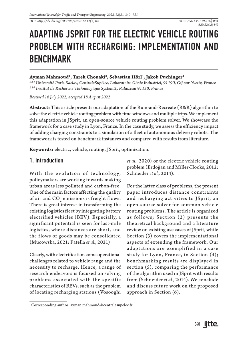 (PDF) ADAPTING JSPRIT FOR THE ELECTRIC VEHICLE ROUTING PROBLEM WITH