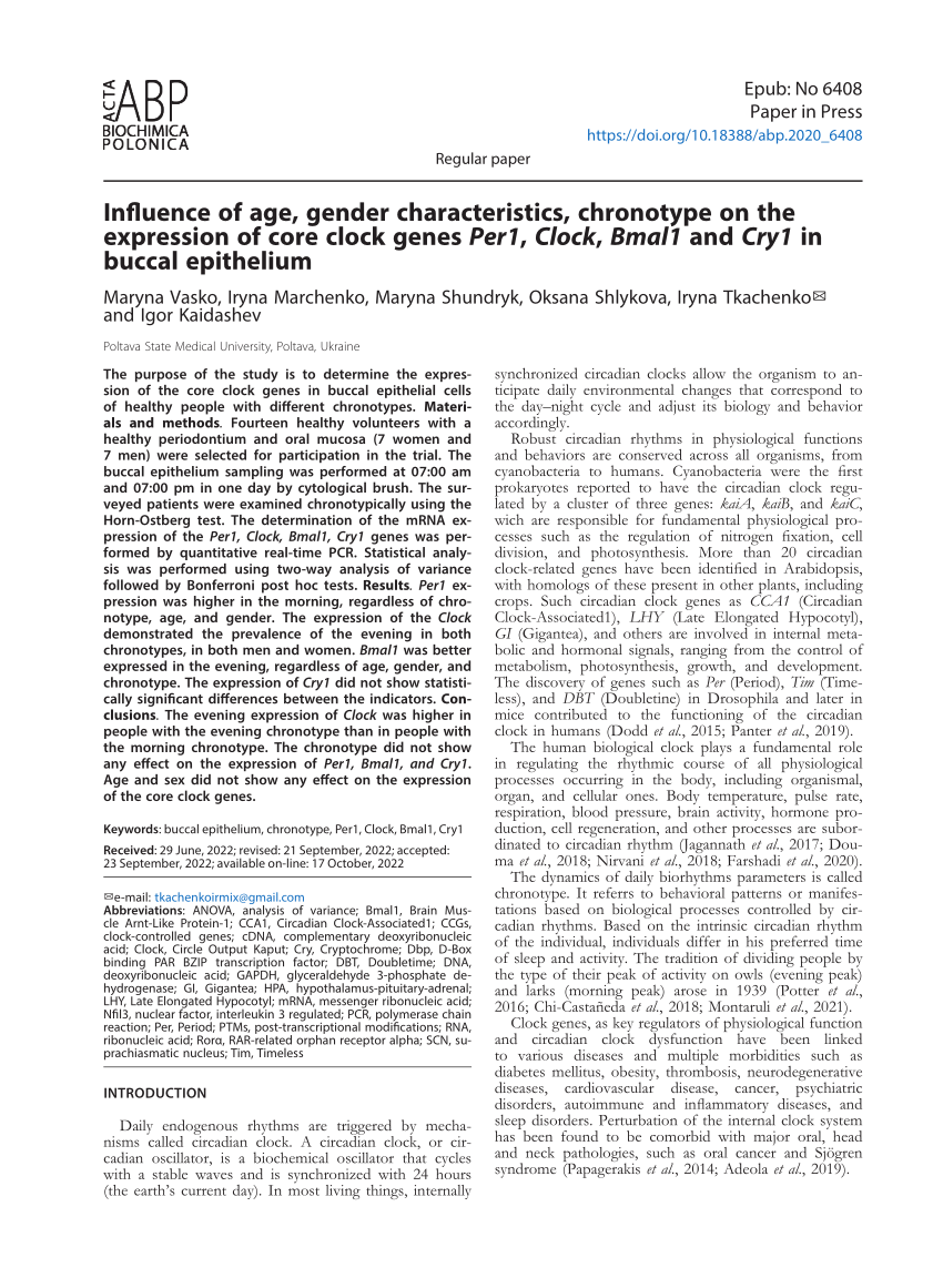 Pdf Influence Of Age Gender Characteristics Chronotype On The Expression Of Core Clock Genes 