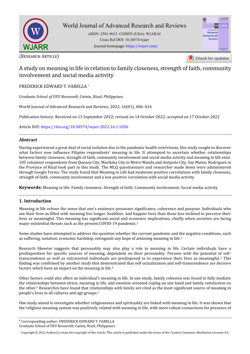 Family Closeness and Presence of Meaning Subscale Pearson r