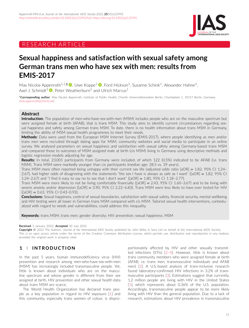 PDF) Sexual happiness and satisfaction with sexual safety among German trans  men who have sex with men: results from EMIS-2017