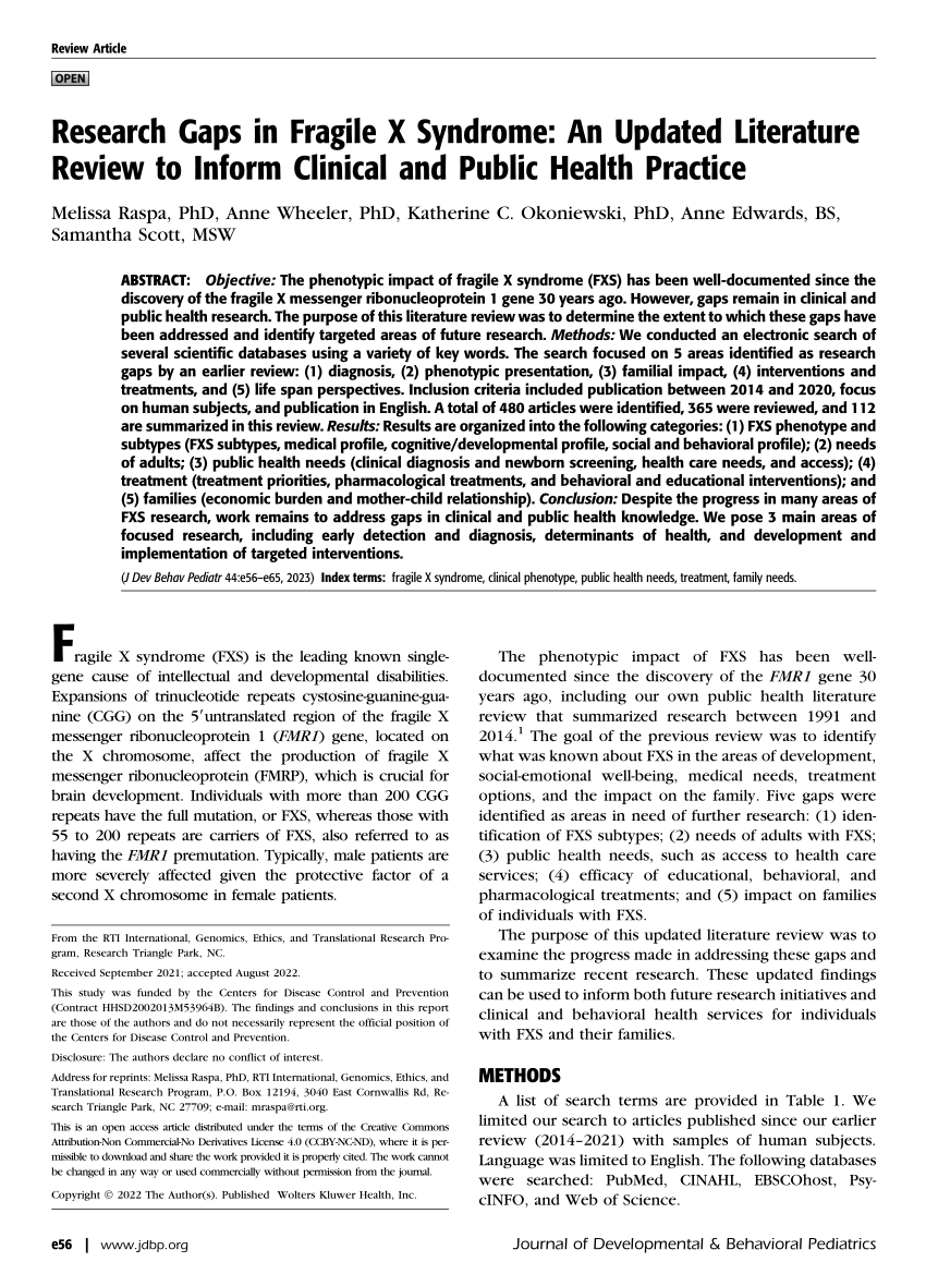 public health literature review of fragile x syndrome