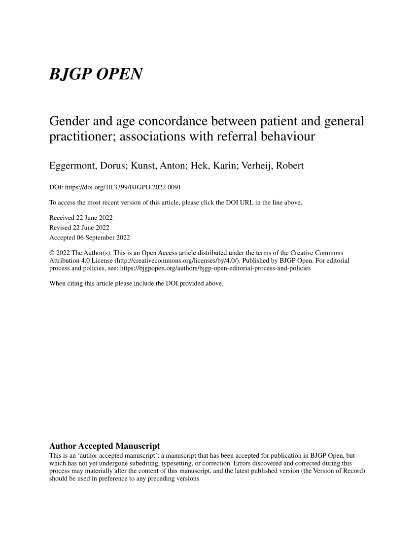 Pdf Gender And Age Concordance Between Patient And General Practitioner Associations With 4258