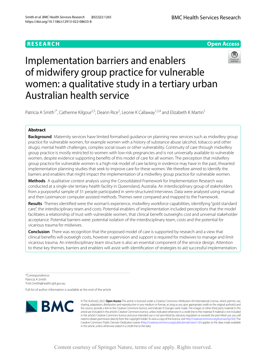 Pdf Implementation Barriers And Enablers Of Midwifery Group Practice For Vulnerable Women A 3207