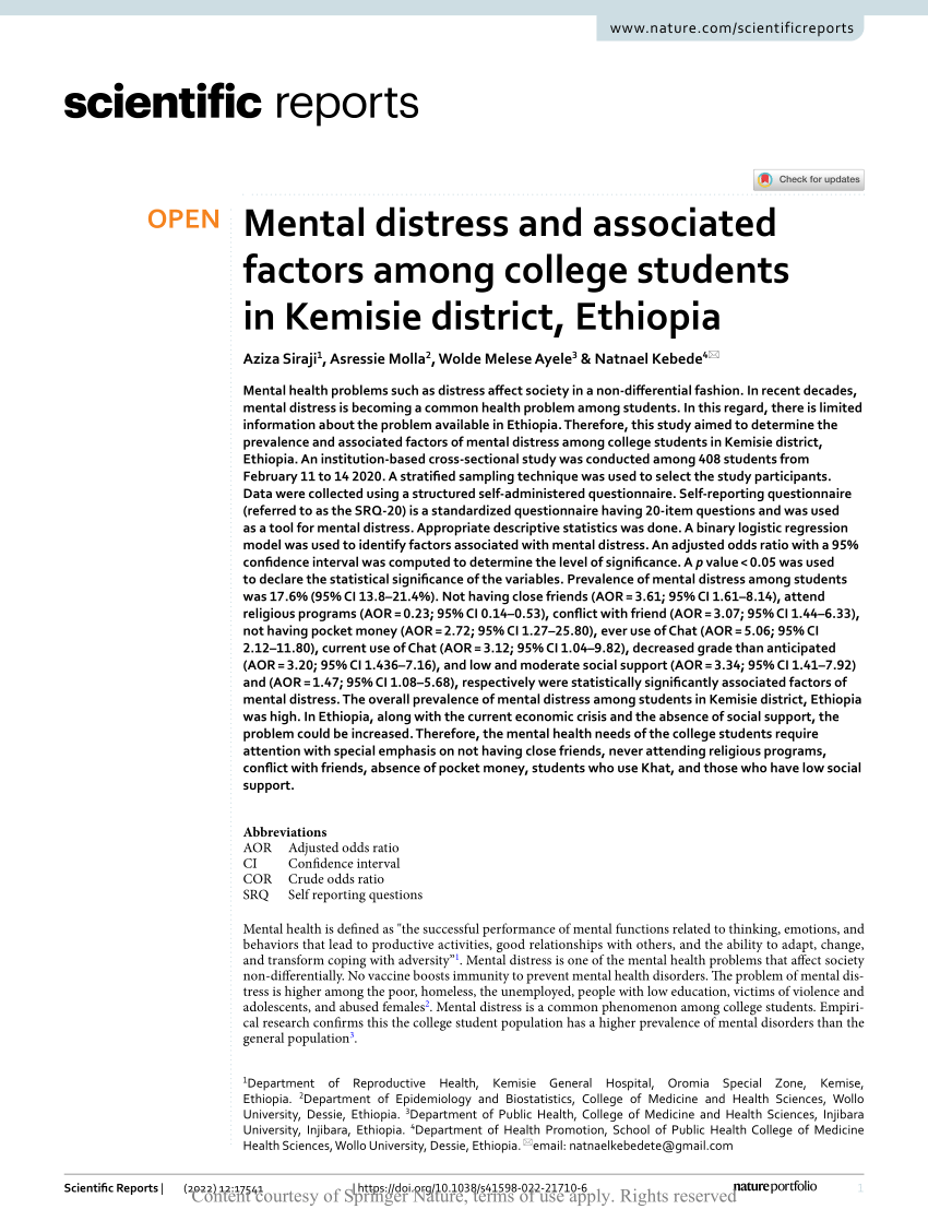 Mental distress and associated factors among college students in Kemisie  district, Ethiopia