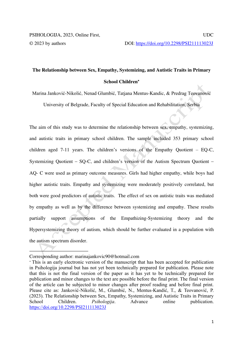 Pdf The Relationship Between Sex Empathy Systemizing And Autistic Traits In Primary School 