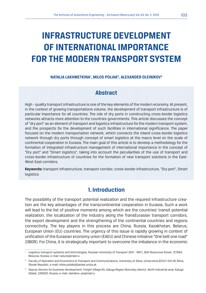 PDF) INFRASTRUCTURE DEVELOPMENT OF INTERNATIONAL IMPORTANCE FOR THE MODERN  TRANSPORT SYSTEM