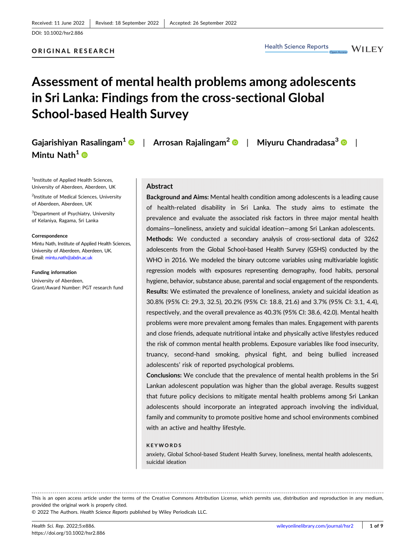 (PDF) Assessment of mental health problems among adolescents in Sri