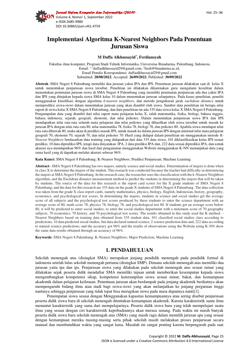 Pdf Implementasi Algoritma K Nearest Neighbors Pada Penentuan Jurusan Siswa 2554