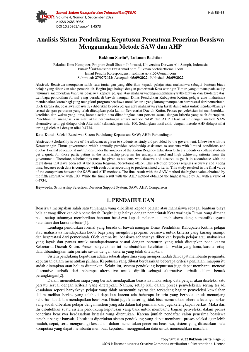 Pdf Analisis Sistem Pendukung Keputusan Penentuan Penerima Beasiswa Menggunakan Metode Saw Dan Ahp 9504