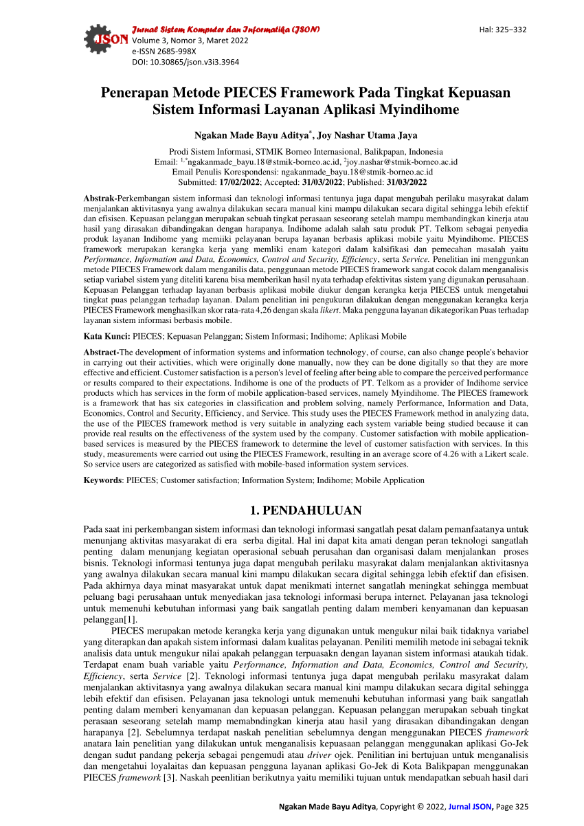 (PDF) Penerapan Metode PIECES Framework Pada Tingkat Kepuasan Sistem