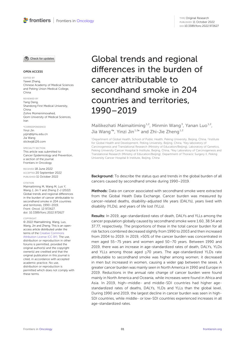 Pdf Global Trends And Regional Differences In The Burden Of Cancer Attributable To Secondhand