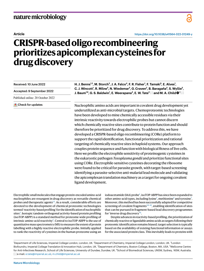 PDF) CRISPR-based oligo recombineering prioritizes apicomplexan