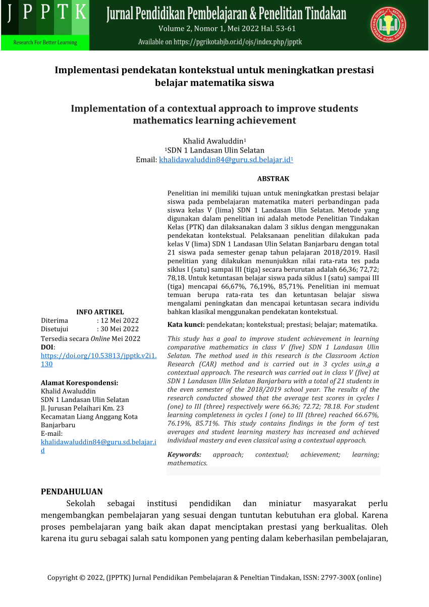 Pdf Implementasi Pendekatan Kontekstual Untuk Meningkatkan Prestasi Belajar Matematika Siswa 2410
