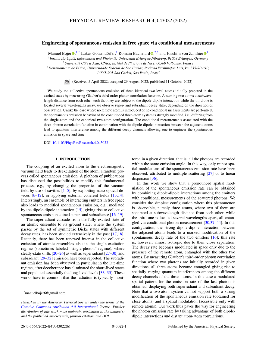 (PDF) Engineering of spontaneous emission in free space via conditional ...