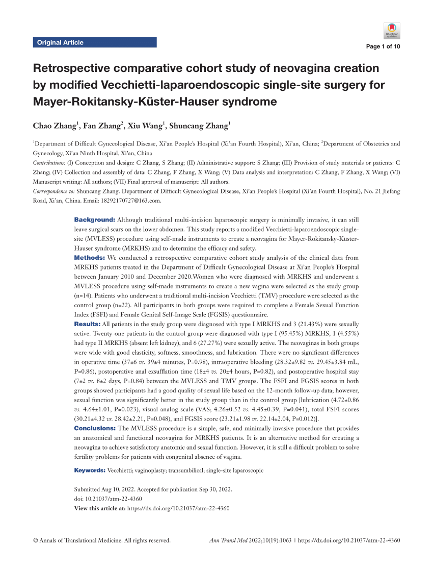 PDF) Retrospective comparative cohort study of neovagina creation by  modified Vecchietti-laparoendoscopic single-site surgery for  Mayer-Rokitansky-Küster-Hauser syndrome