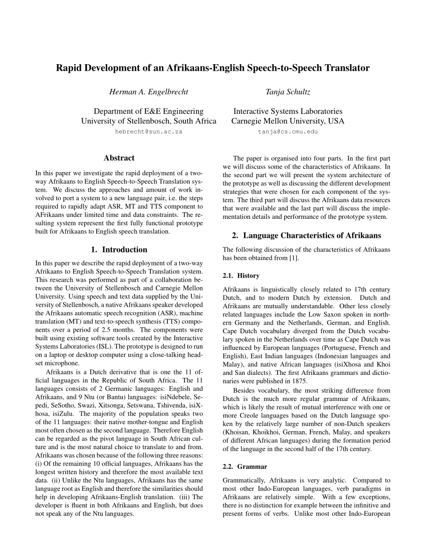 An Example Of Afrikaans English Translation Prototype Download Scientific Diagram