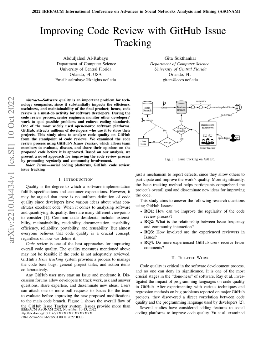 Pdf Improving Code Review With Github Issue Tracking
