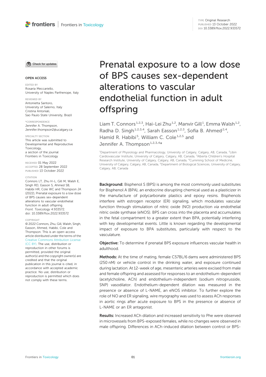 Pdf Prenatal Exposure To A Low Dose Of Bps Causes Sex Dependent Alterations To Vascular 7351